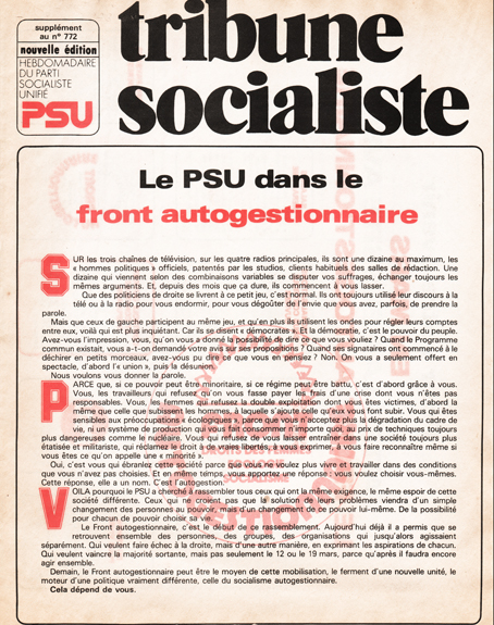 Le PSU dans le front autogestionnaire, Tribune Socialiste N°772, 2-8 Février 1978